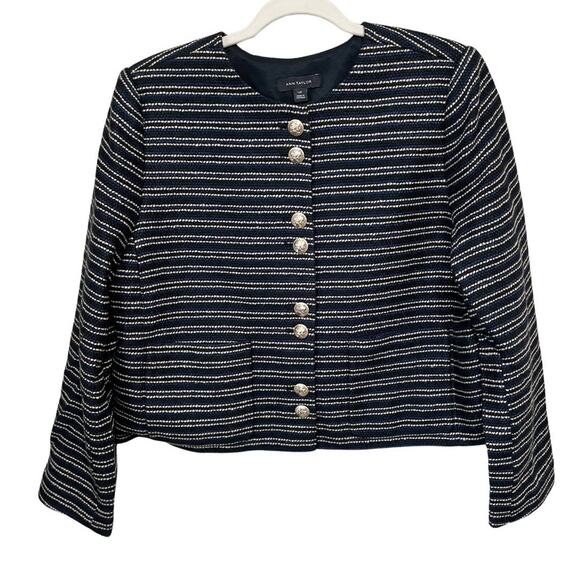 Ann Taylor Jackets & Blazers - Ann Taylor Wool Blend Boucle Jacket Size 14P Petite Black Multi Stripe Boxy NEW